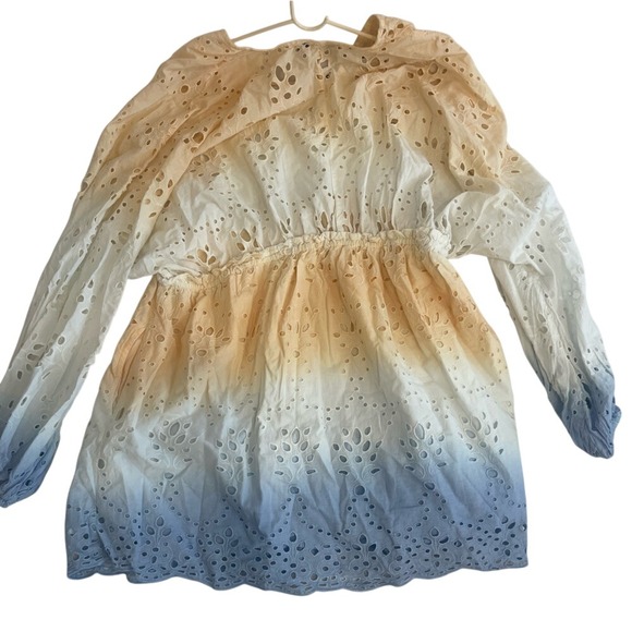 ASOS EDITION Ombre Eyelet Cotton V Neck Mini Dress White Blue Long Sleeve Sz 12 - Picture 7 of 8